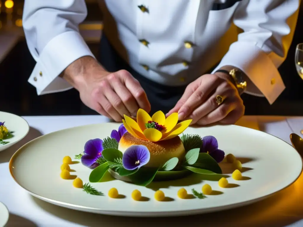 Un chef de renombre mundial prepara un plato lujoso en una cena de Estado con influencia alta cocina, destacando precisión y arte culinario