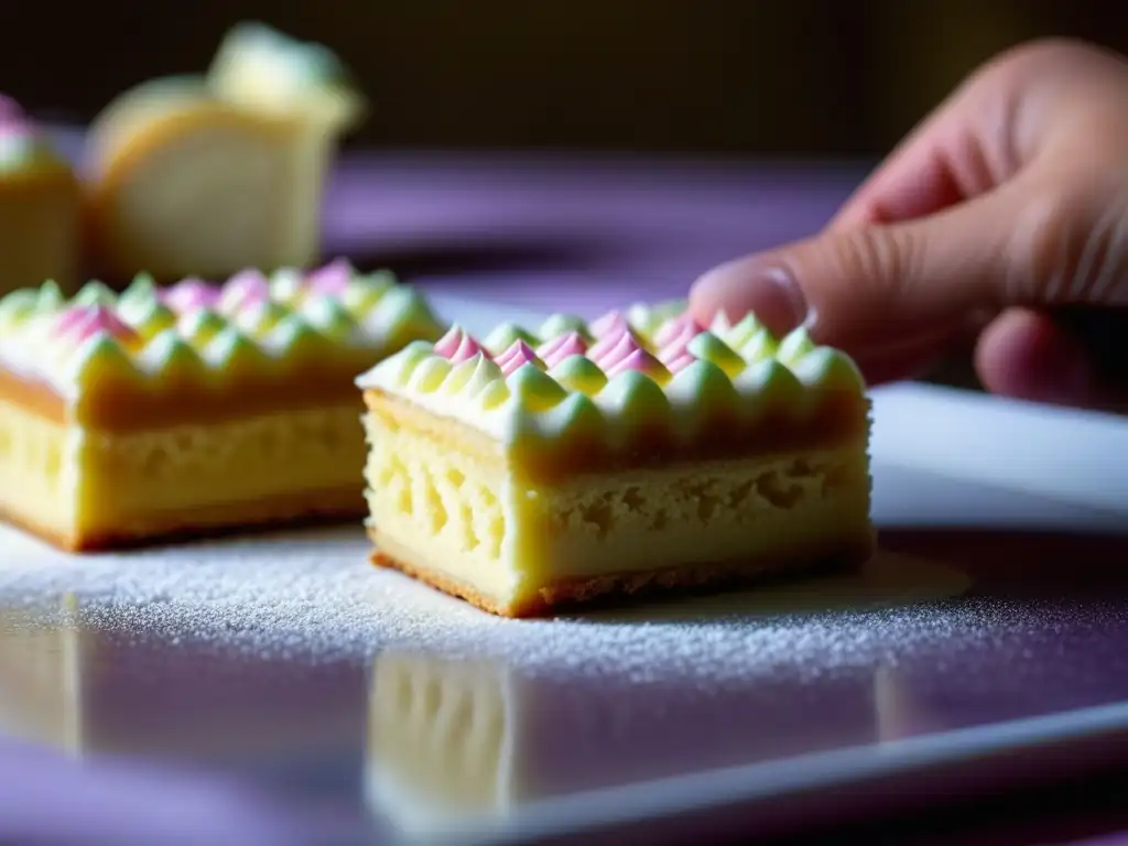 Un chef de repostería decora un petit four con delicados detalles de glaseado, resaltando su artesanía