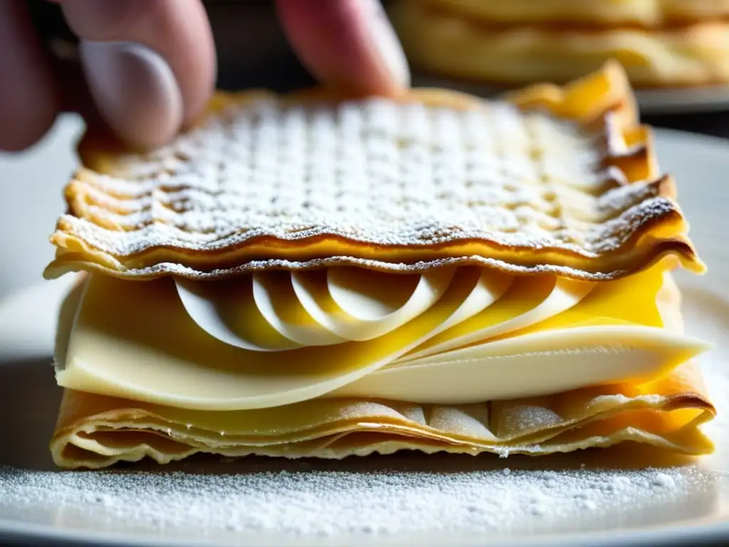 Un chef de repostería francés crea con destreza un millefeuille, mostrando el origen y evolución del pastel