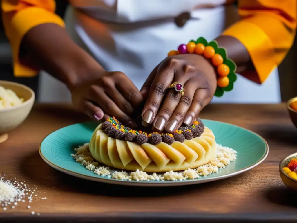 Un chef de repostería experto elabora un postre tradicional afrocaribeño, mostrando detalles vibrantes y texturas exquisitas