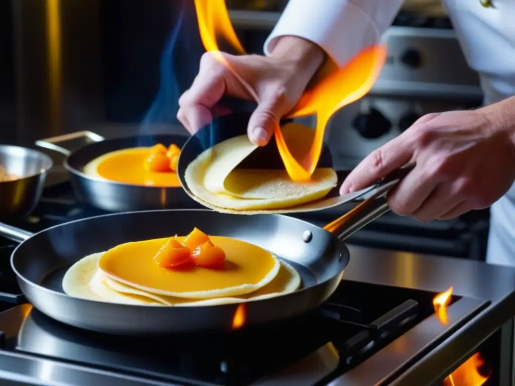 Un chef de repostería francés flambeando crepes Suzette en una cocina profesional