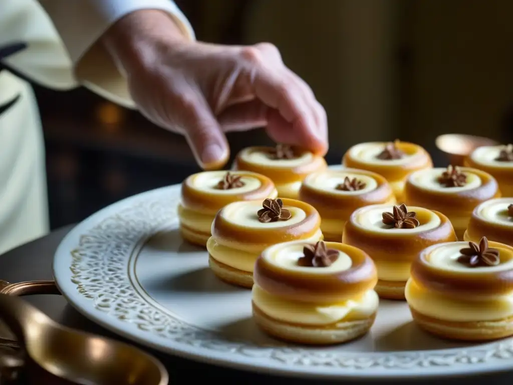 Un chef de repostería francesa del siglo XVII decora con precisión un exquisito éclair en una cocina atmosférica y detallada