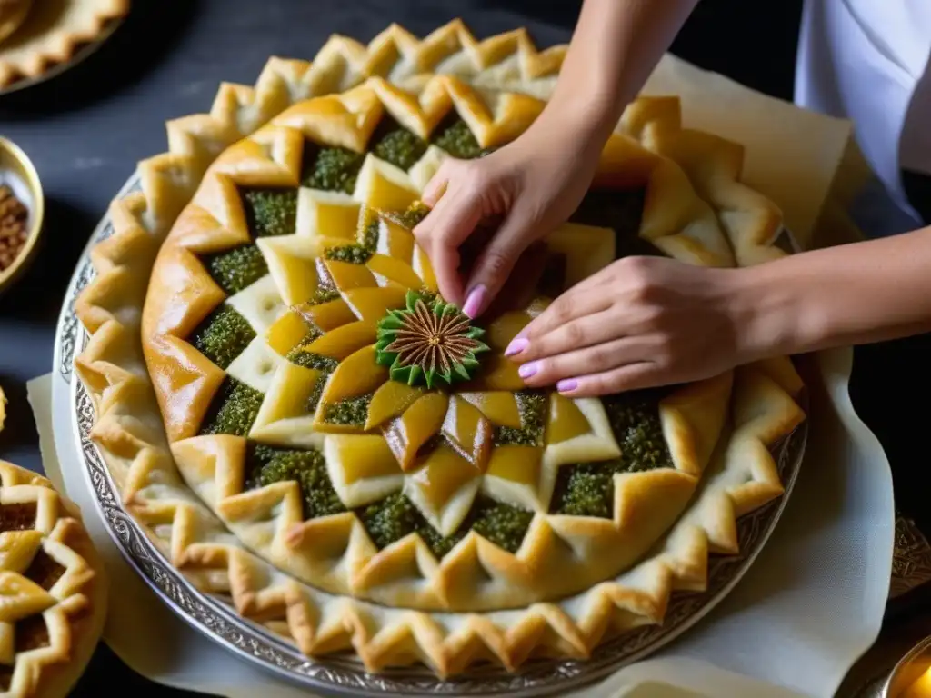 Un chef de repostería persa con habilidades, creando intrincados diseños en un baklava de azafrán, fusionando recetas históricas