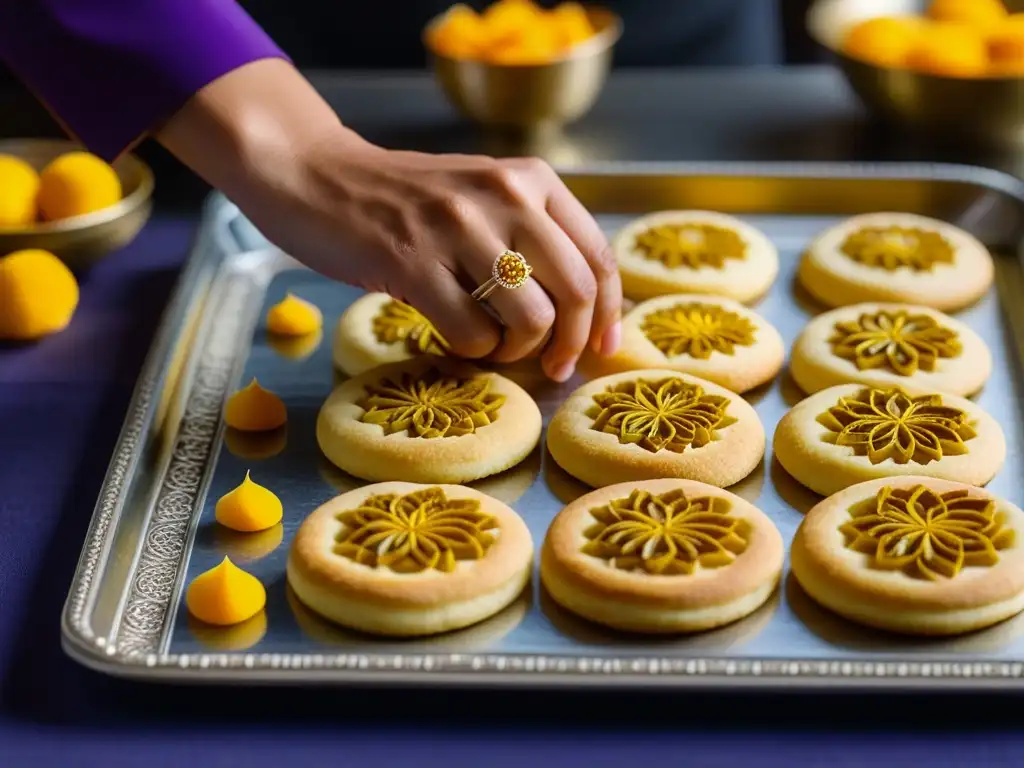 Un chef de repostería persa habilidoso adorna con precisión galletas de azafrán recién horneadas