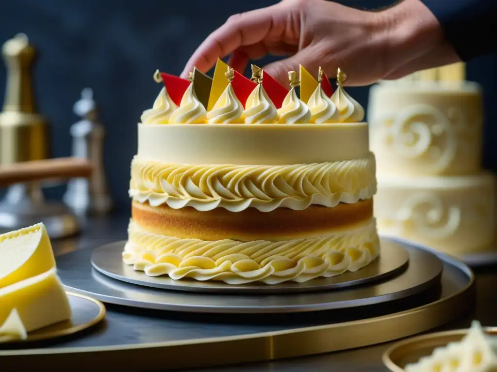 Un chef repostero europeo influenciado por la Revolución Francesa decora una torta inspirada en la historia con detalles precisos