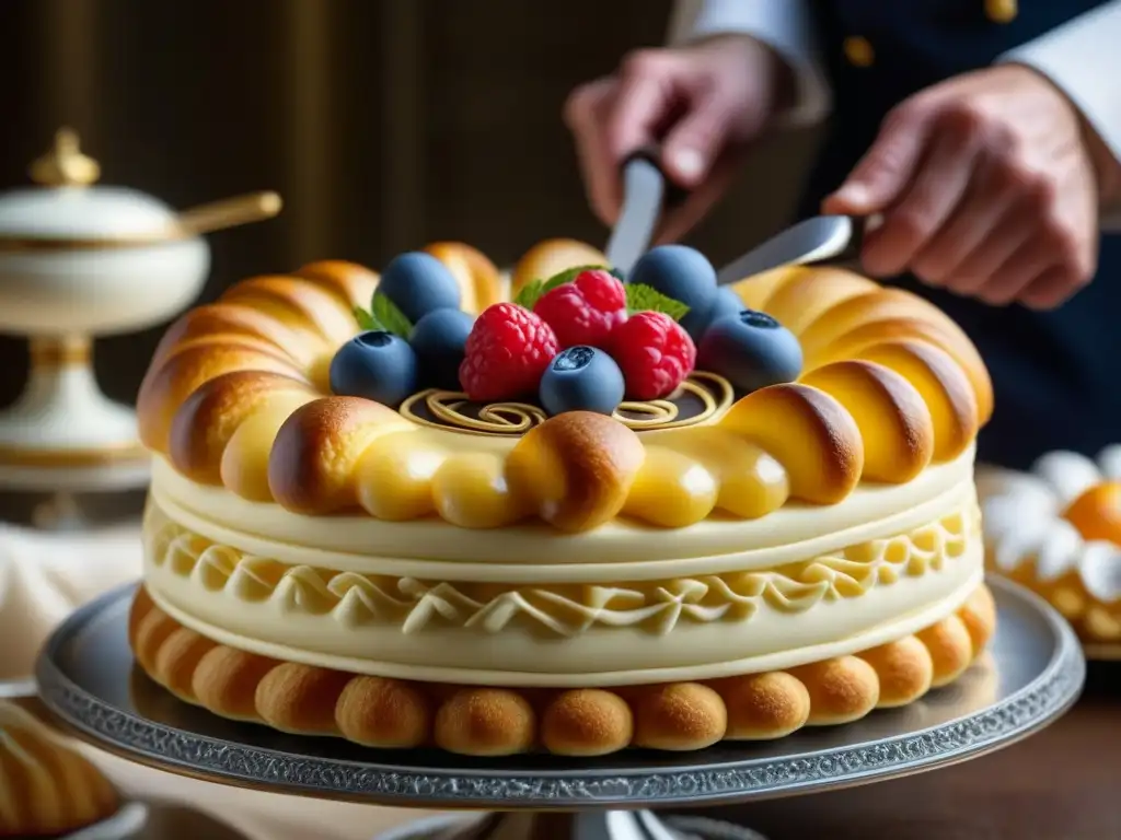 Un chef repostero europeo, influenciado por la Revolución Francesa, decora con precisión un postre francés multilayered decadente