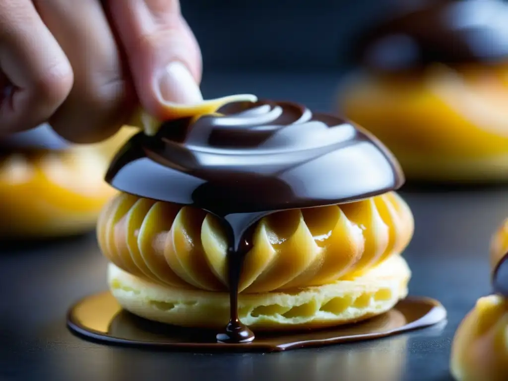 Un chef repostero experto decorando un éclair dorado con ganache de chocolate