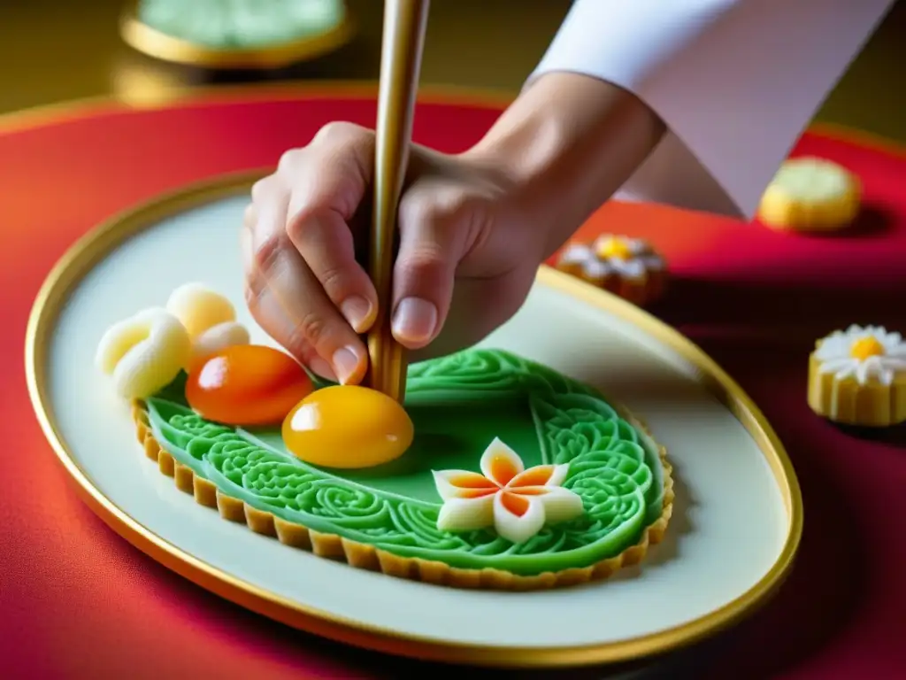 Un chef repostero experto decora dulces tradicionales inspirados en la época Heian con detalle y destreza