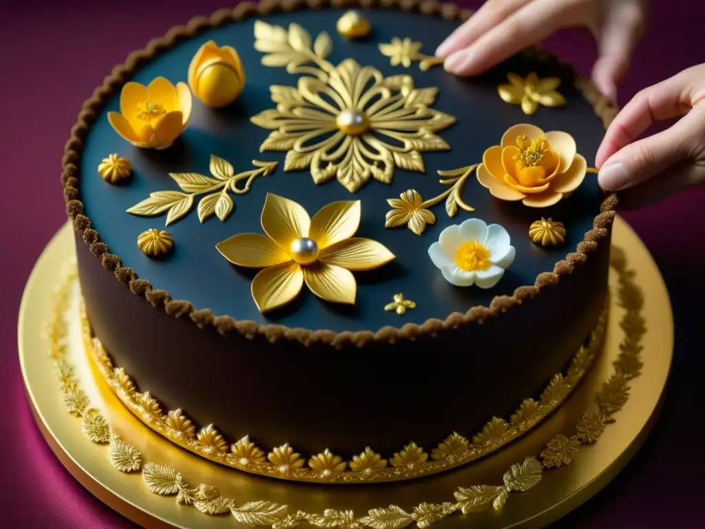 Chef repostero francés creando postre barroco con detalles dorados y flores comestibles en ganache de chocolate