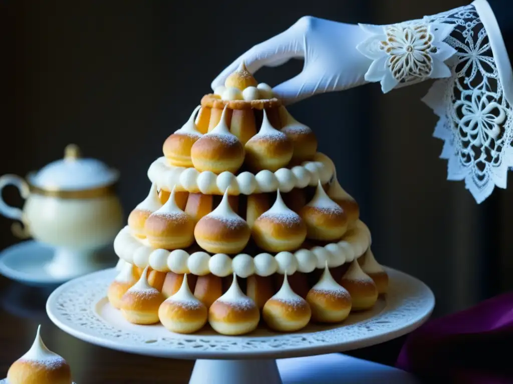 Un chef repostero francés del siglo XVII decora un croquembouche con encajes de glaseado real, demostrando su maestría y precisión