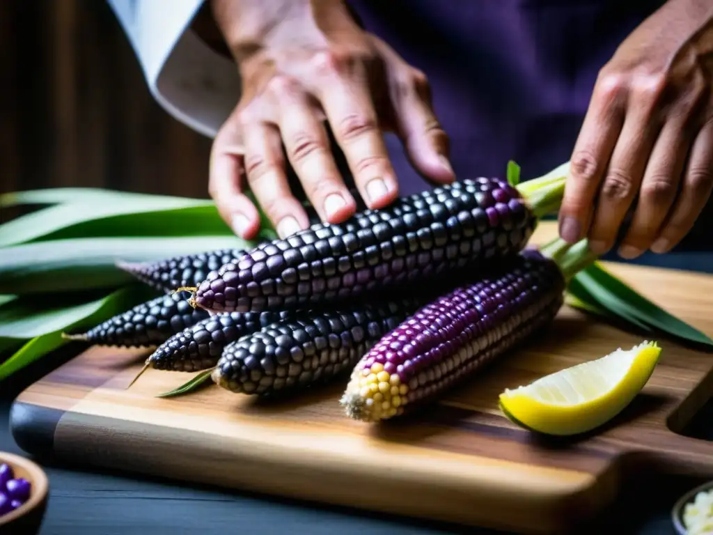 Un chef coloca con reverencia un maíz morado peruano en tabla de corte, para recetas históricas con ingredientes olvidados