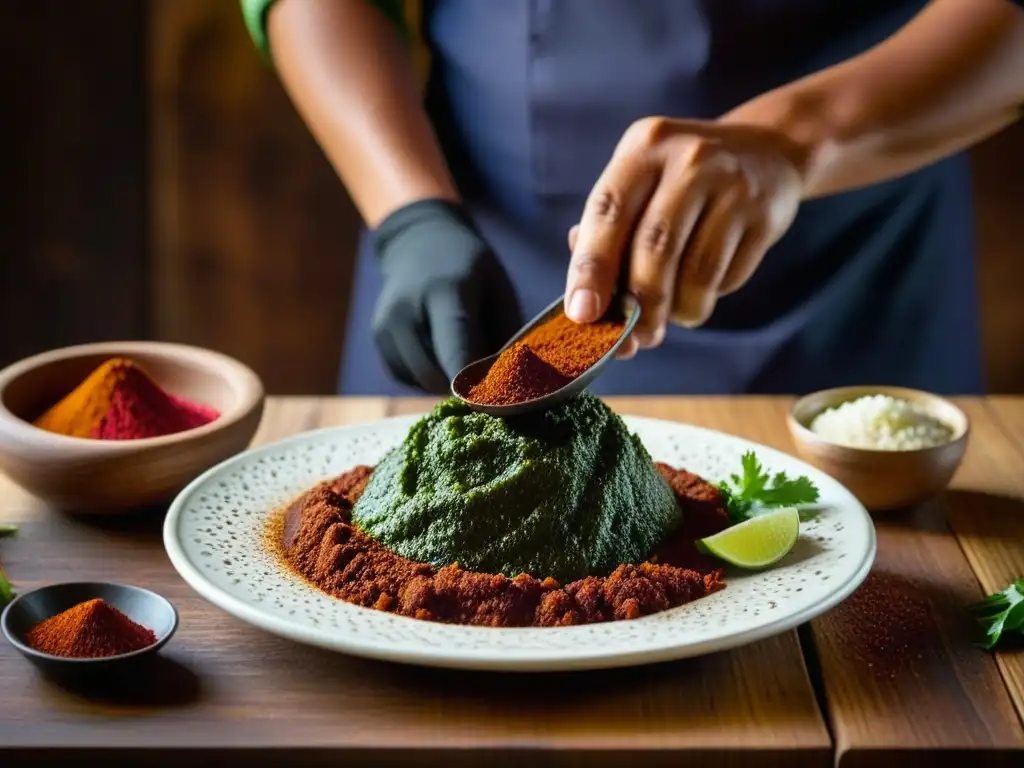 Un chef espolvoreando chile rojo sobre el mole poblano, plato emblemático de la independencia americana