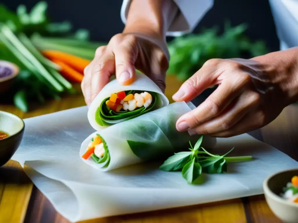 Un chef hábil envuelve un rollo de primavera con precisión