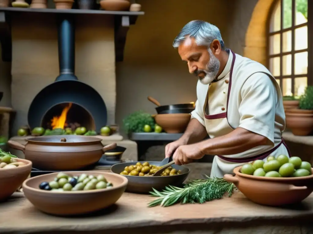 Un chef romano prepara con detalle un plato tradicional en una bulliciosa cocina antigua