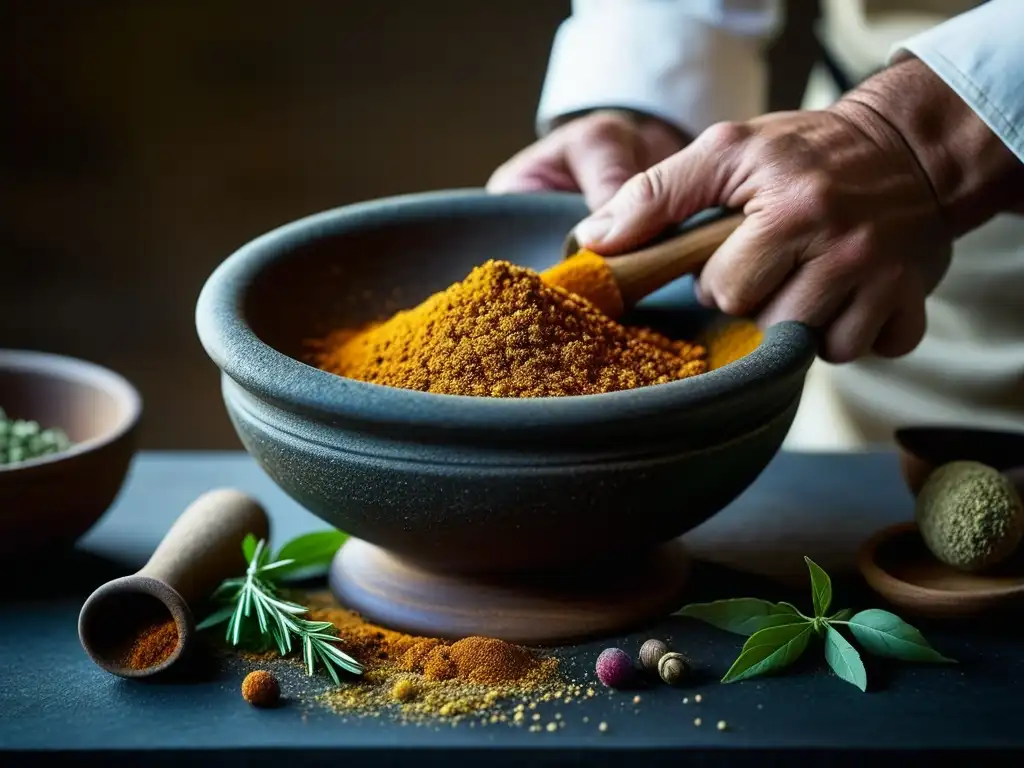 Un chef romano experto mezcla especias y hierbas en un mortero, creando una nube de colores y texturas