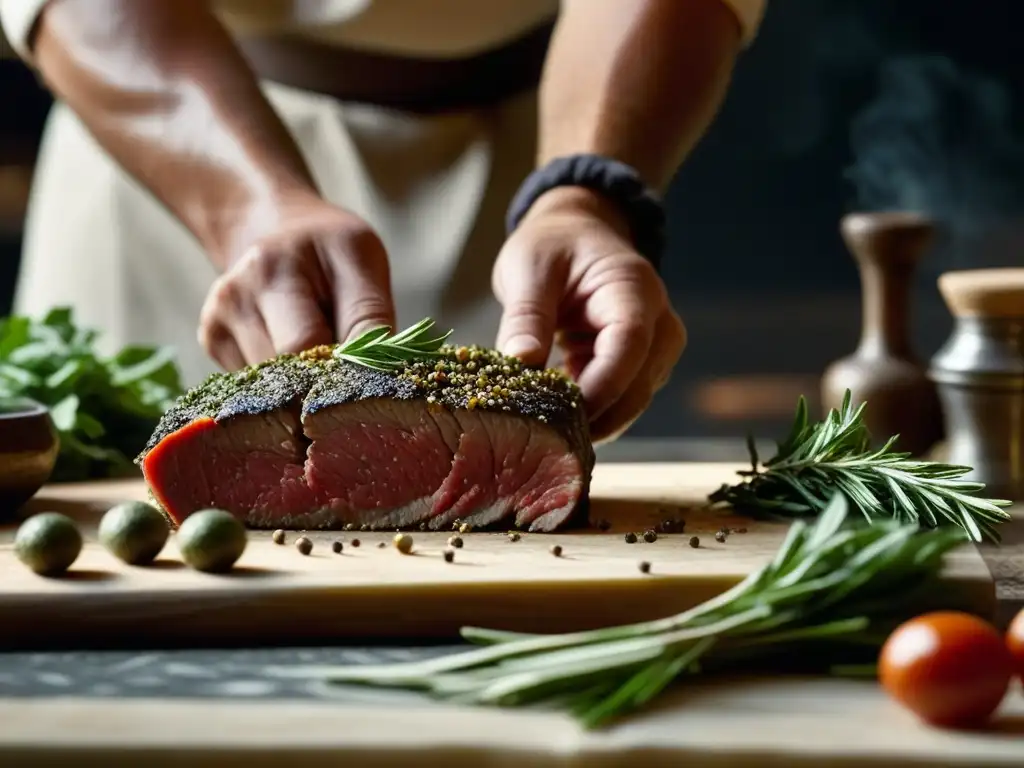 Un chef romano esparciendo hierbas y especias sobre carne marmoleada, con herramientas antiguas al fondo, evocando métodos tradicionales curar carnes