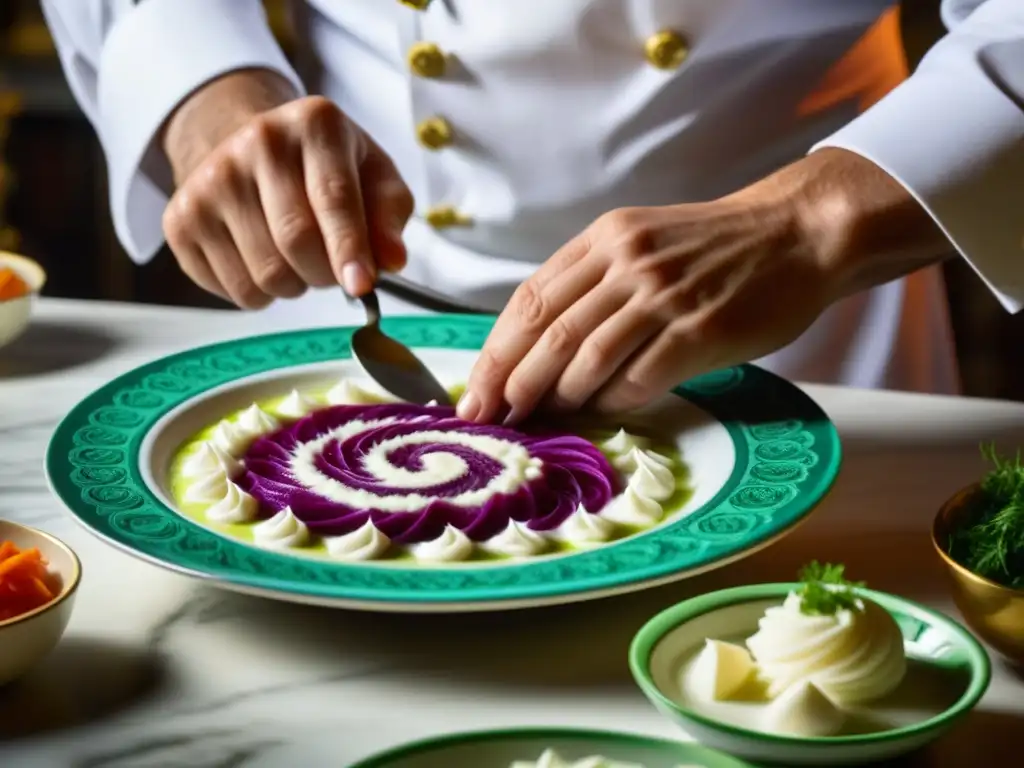 Un chef ruso garnishing su borscht con toques franceses en un elegante palacio zarista