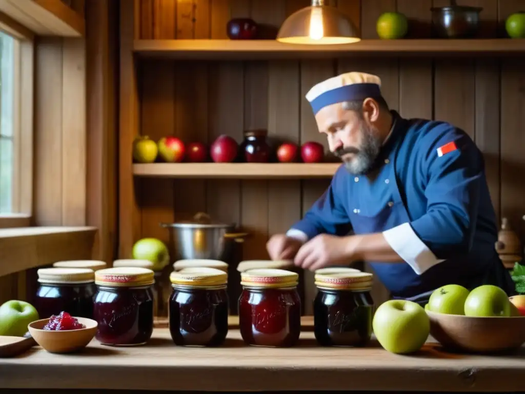 Un chef ruso prepara conservas de frutas en una cocina rústica, resaltando la tradición y la historia culinaria