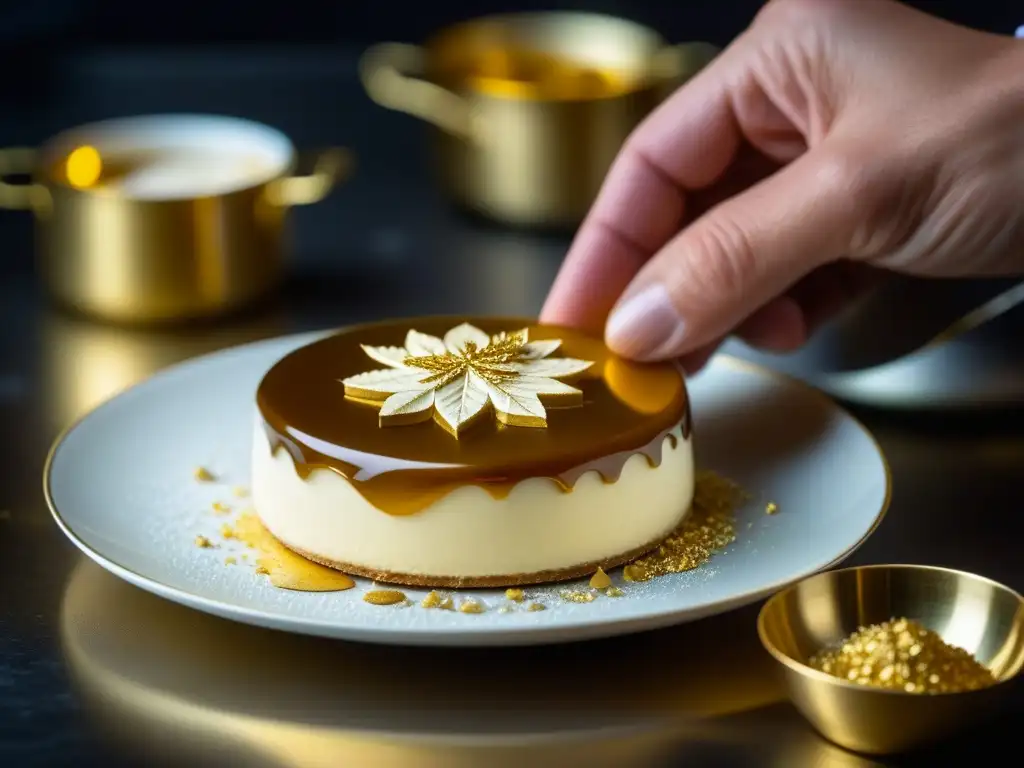 Un chef ruso espolvoreando delicadas láminas de oro sobre un postre francés, simbolizando la adaptación de recetas francesas en Rusia