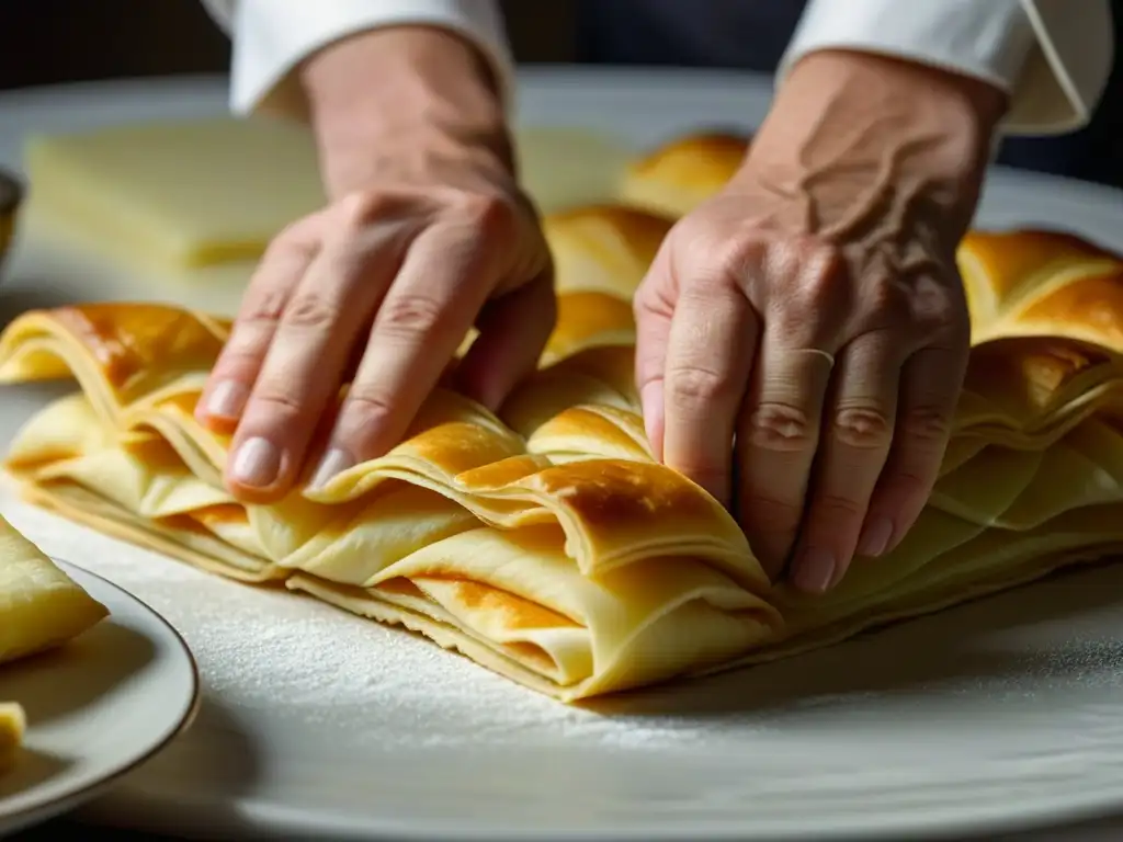 Un chef ruso experto en Recetas francesas adaptadas en Rusia, crea con precisión un pastel napoleón