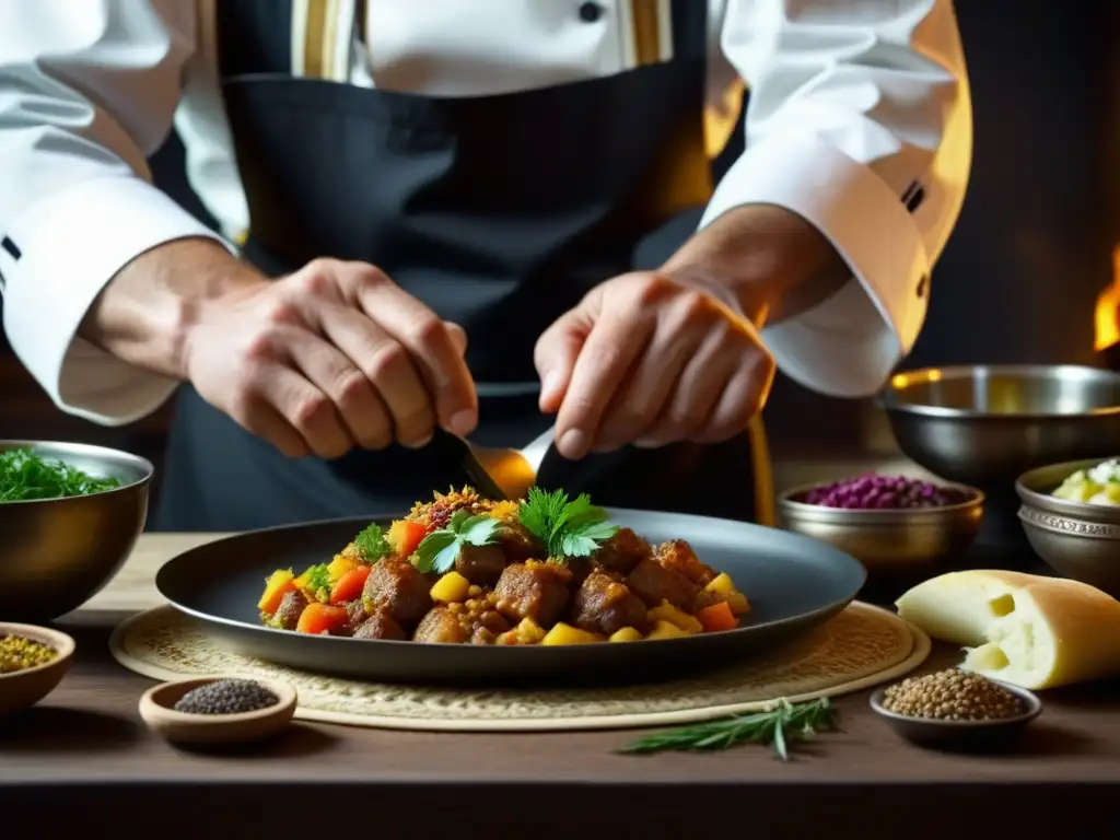 Un chef ruso preparando plato tradicional con influencias extranjeras en cocina rusa, destacando detalles y expresión concentrada