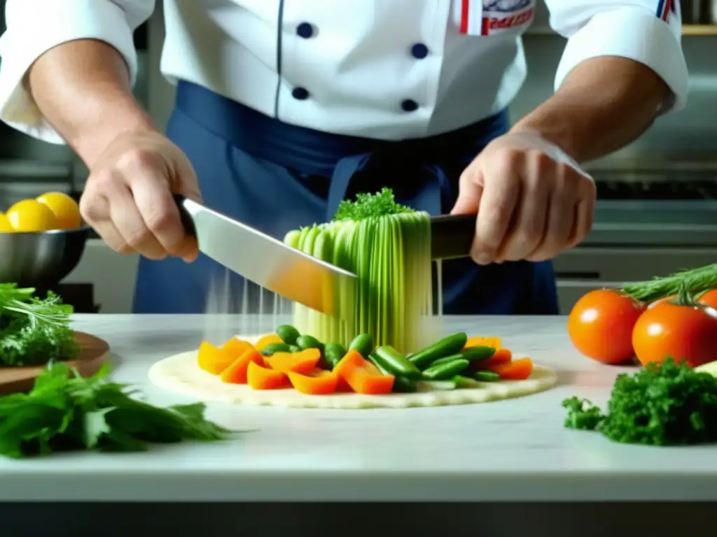 Un chef ruso fusionando técnicas francesas con ingredientes tradicionales en una cocina bulliciosa