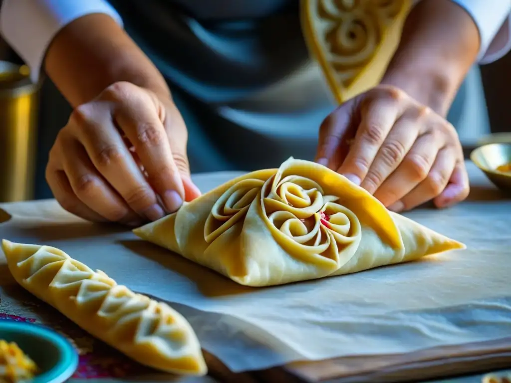 Un chef hábil en la Ruta de la Seda cocina histórica: manos expertas crean patrones en masa para samsas uzbecos