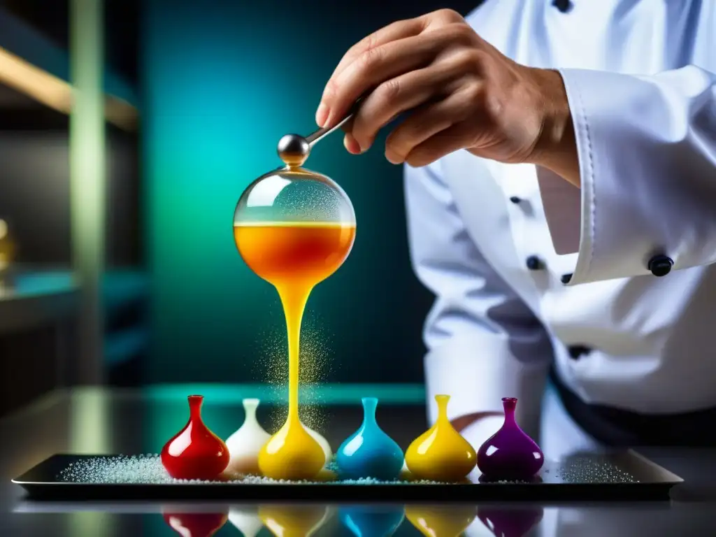 Creación culinaria: Kit de gastronomía molecular en acción Un chef reviviendo sabores antiguos con tecnología en una escena culinaria vanguardista