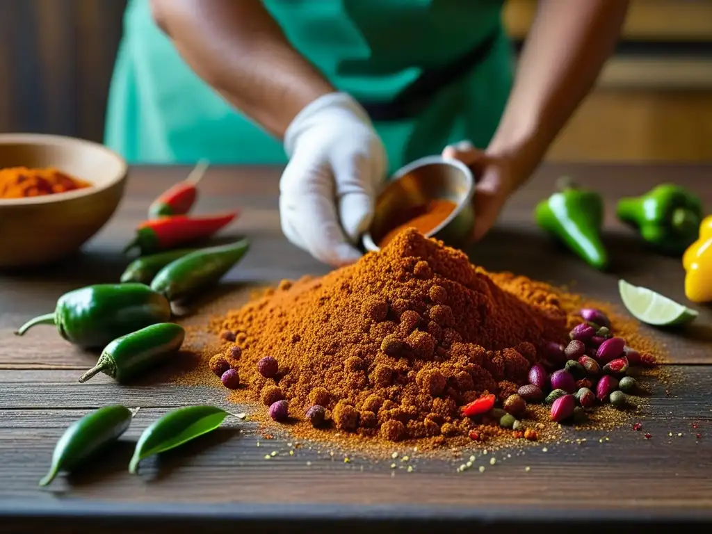 Un chef fusionando sabores TexMex e inmigrantes: chiles, cúrcuma, pimientos y más, sobre tabla de madera