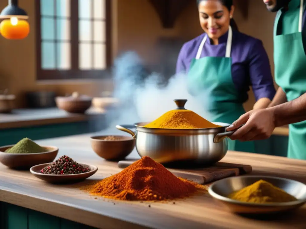 Chef saheliano mezclando especias tradicionales con influencia moderna en bulliciosa cocina