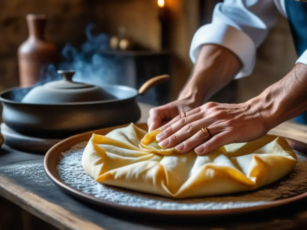 Un chef saheliano experto, con influencia moderna, dobla capas de masa filo en una cocina tradicional