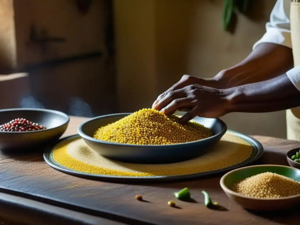 Un chef saheliano prepara con maestría ingredientes tradicionales en una escena detallada, mostrando la historia cultural en cada plato