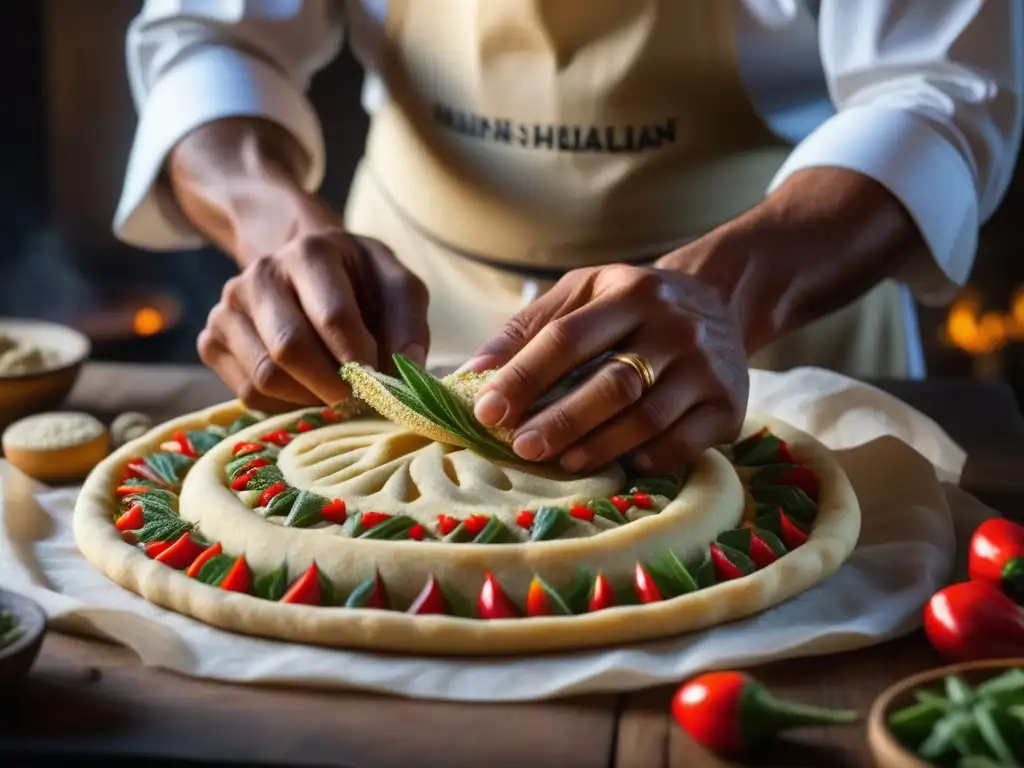 Un chef saheliano moldea hábilmente masa de mijo, con ingredientes locales vibrantes