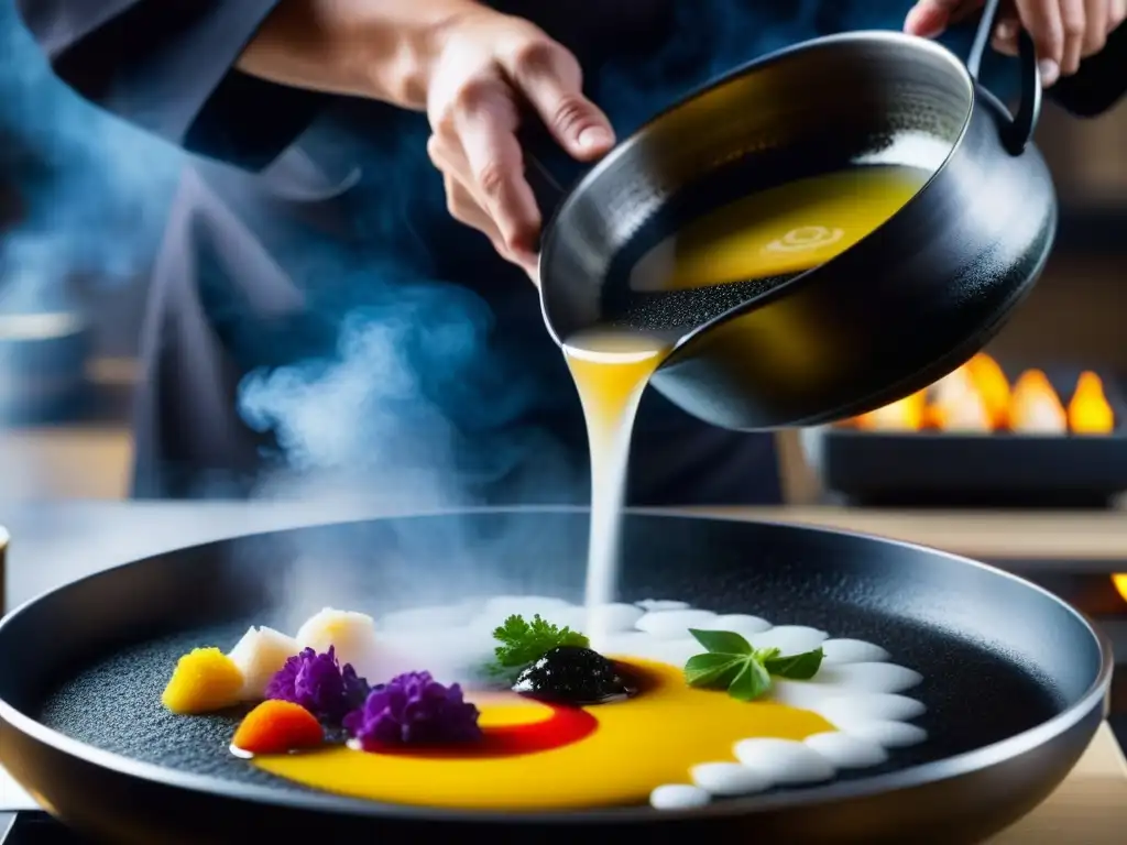 Chef vierte sake en sartén caliente con ingredientes frescos