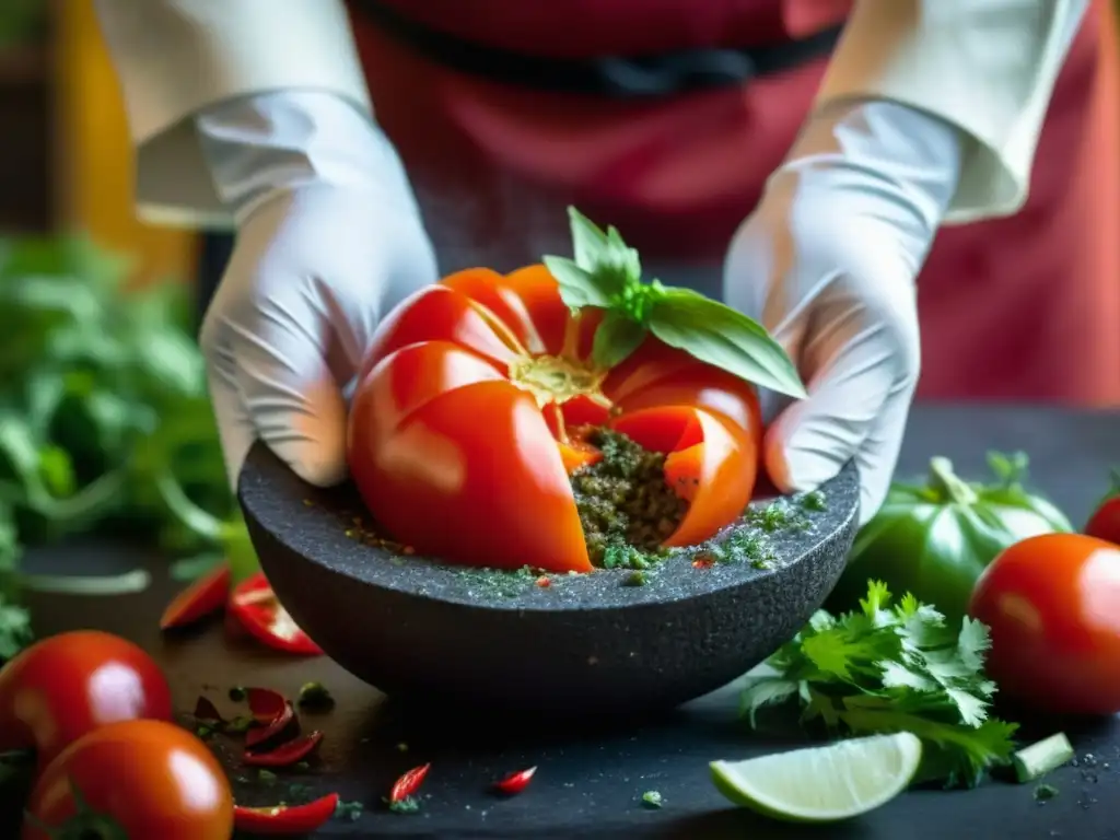 Preparando salsa fresca en molcajete: historia y sabor Chef preparando salsa hispanoamericana tradicional con tomate rojo aplastado en molcajete, ingredientes frescos