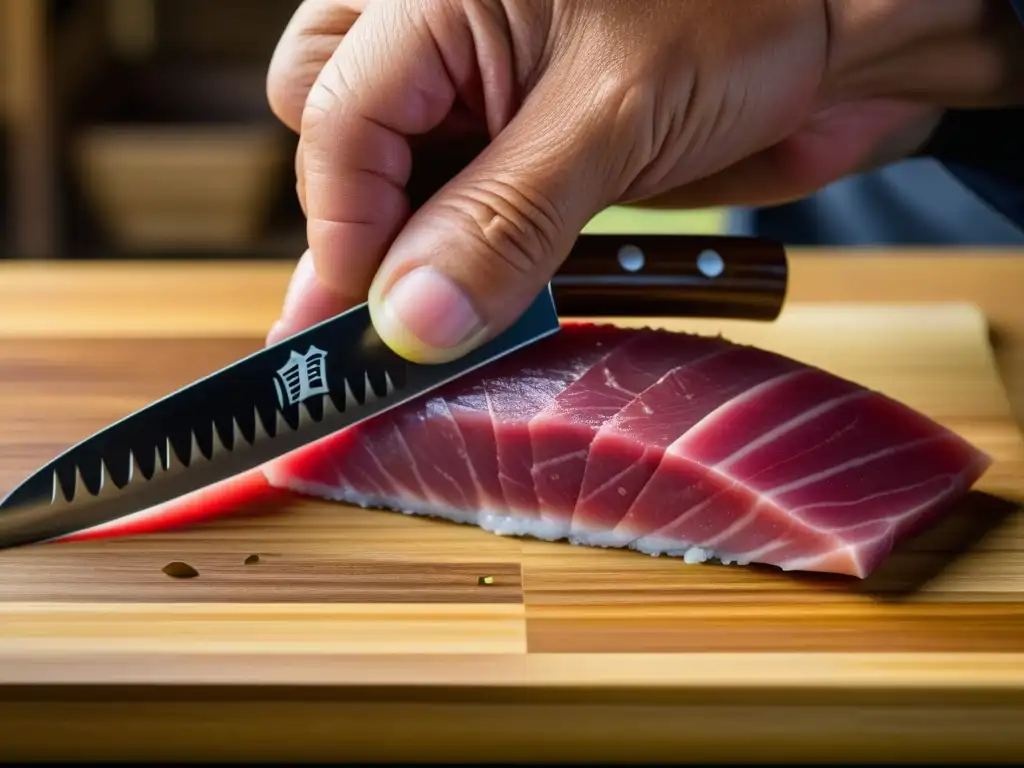 Un chef samurái experto cortando atún fresco en finas láminas con un cuchillo yanagiba japonés