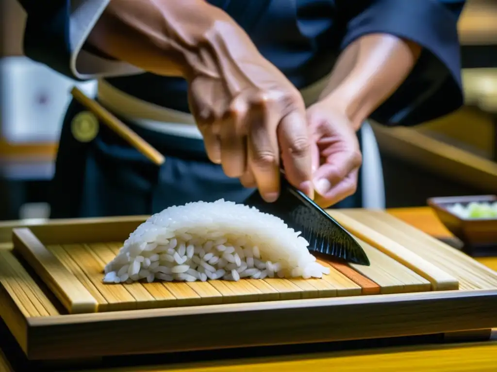 Un chef samurai moldea con precisión granos de arroz en sushi