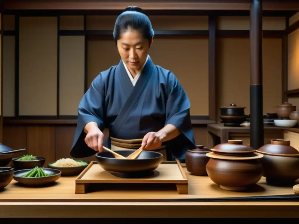 Un chef samurái preparando recetas históricas era samurái con ingredientes tradicionales japoneses