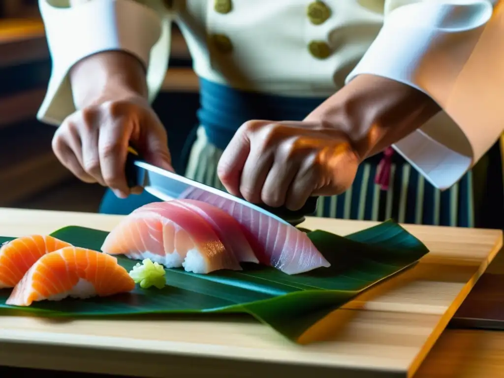 Un chef samurái cortando sashimi con precisión y arte, fusionando cocina histórica y maestría culinaria