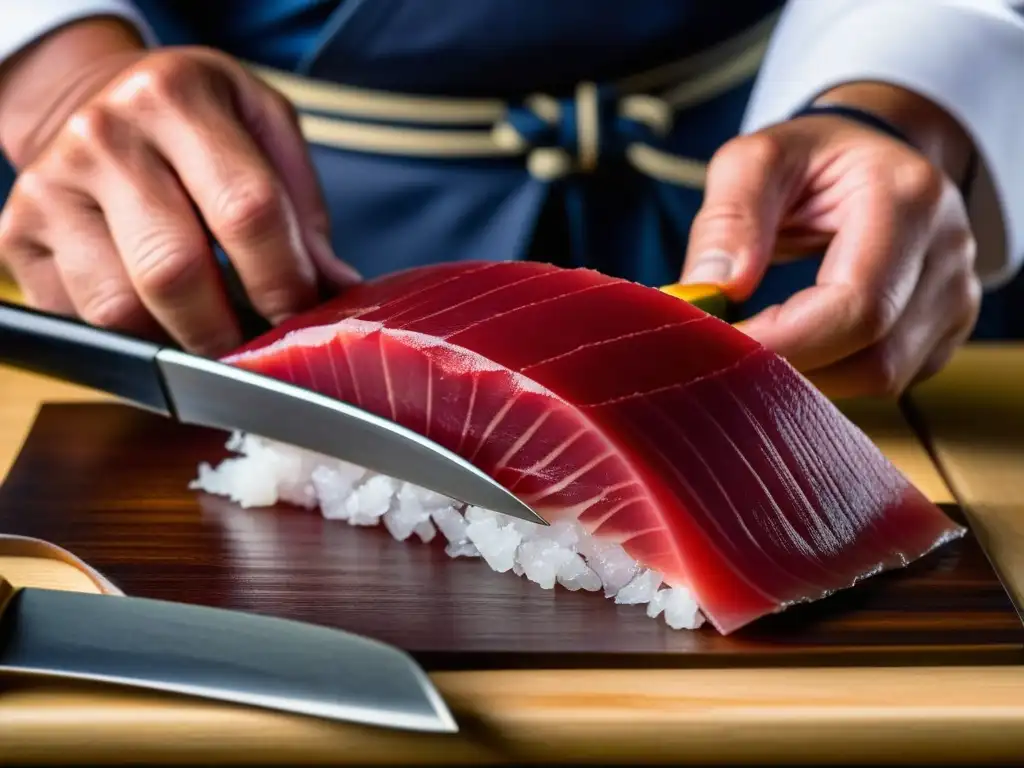 Un chef samurái corta con maestría un sashimi de atún rojo