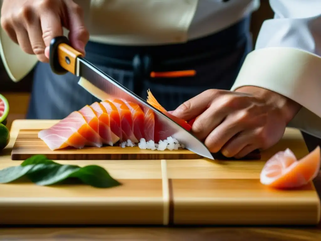 Un chef japonés hábil corta sashimi fresco con precisión en tabla de madera, reflejando la influencia Zen en técnicas culinarias de Japón