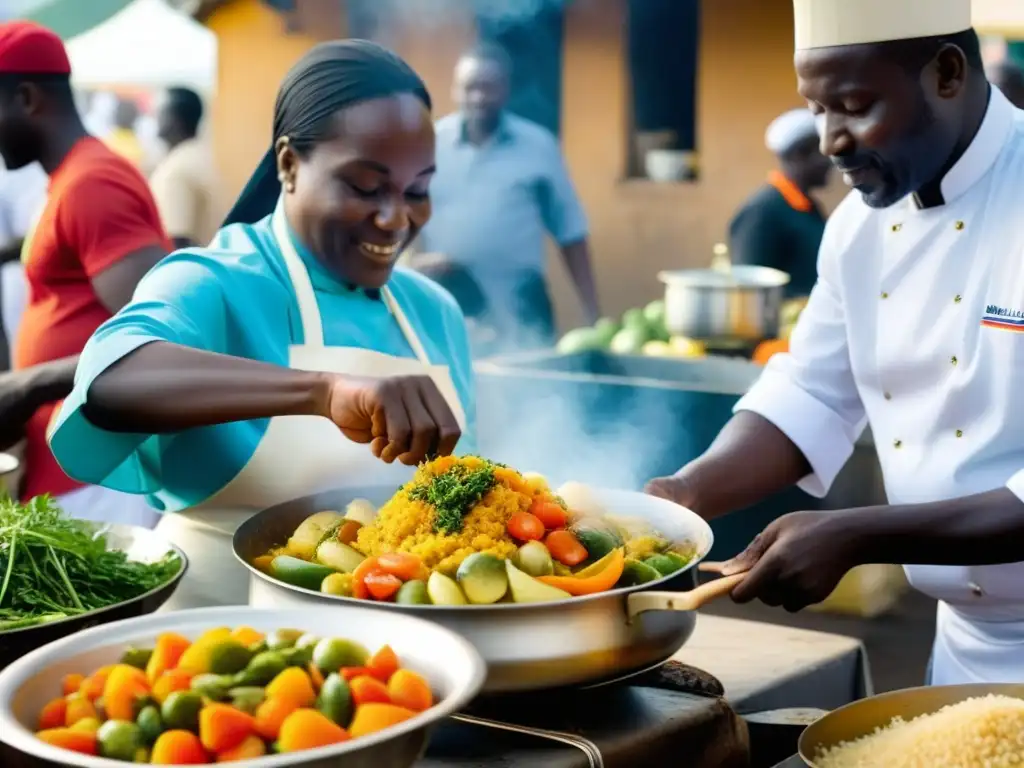 Chef senegalés preparando Thieboudienne en mercado de Dakar Un chef senegalés prepara Thieboudienne en un mercado de Dakar, mostrando la influencia africana en cocina americana
