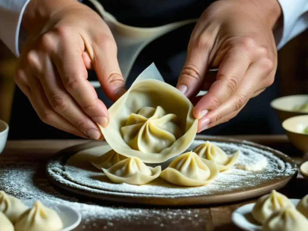 Un chef siberiano experto preparando pelmeni con destreza y cuidado