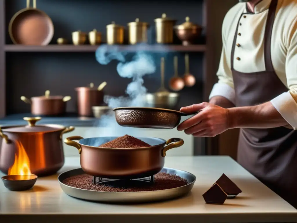 Un chef del siglo XIX temperando chocolate en una cocina vintage, creando un postre decadente