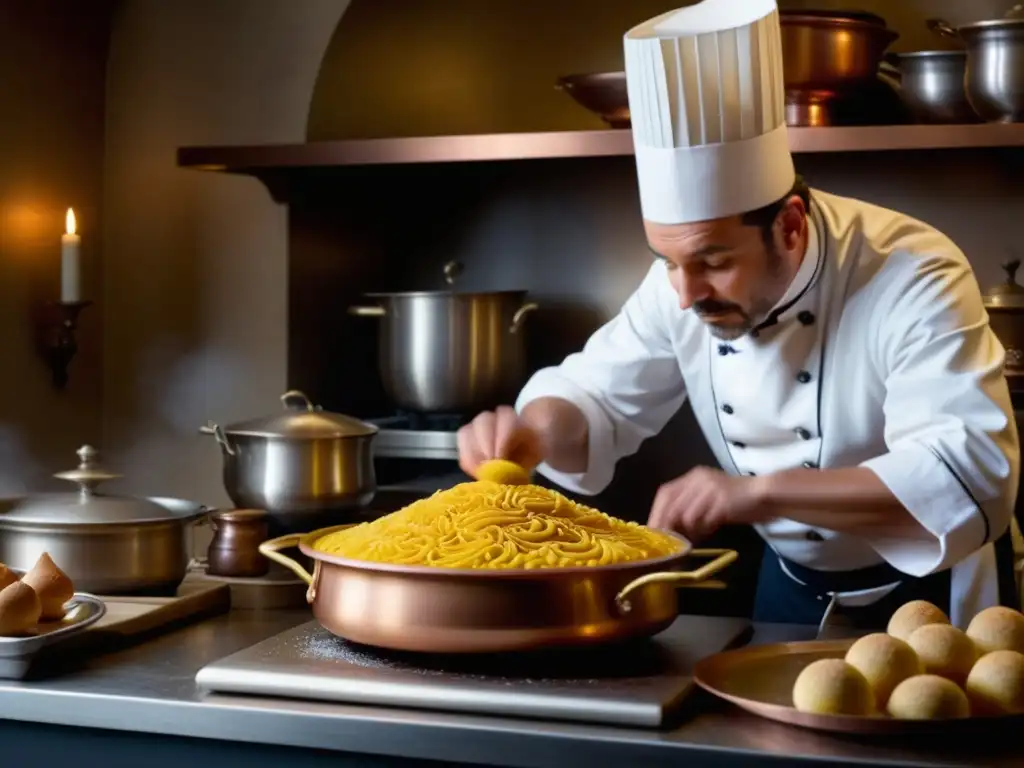 Un chef francés del siglo XVII moldea una escultura de azúcar en una bulliciosa cocina parisina, destacando la gastronomía francesa siglo XVII