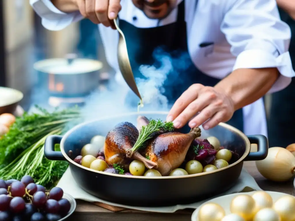 Un chef francés del siglo XVII elabora un exquisito Coq au Vin en un bullicioso mercado parisino, rodeado de ingredientes frescos y una nube de vapor