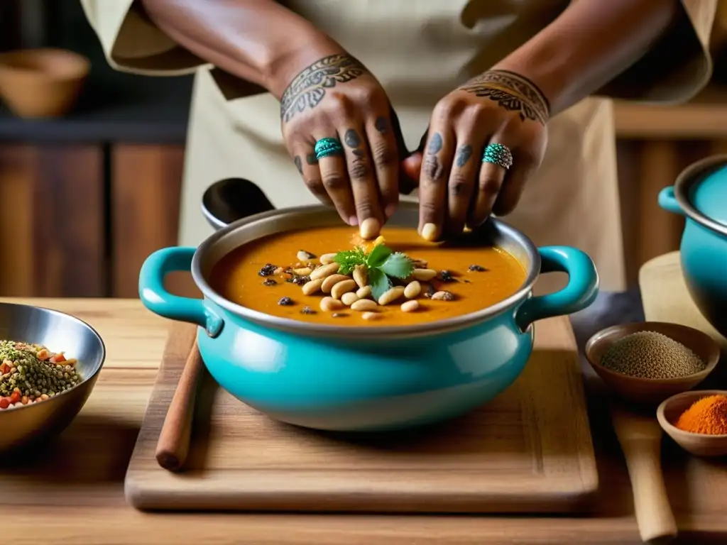 Un chef sazona una sopa africana con influencia amazónica, fusionando técnicas culinarias en una cocina rústica