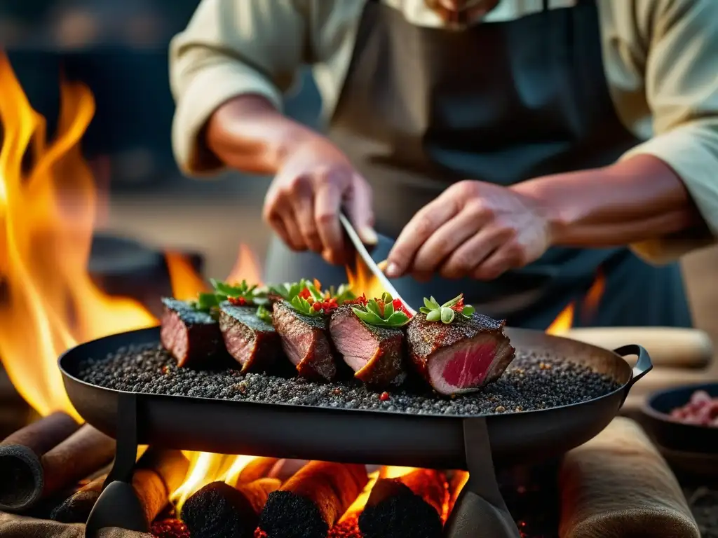 Un chef nómada sazona hábilmente una suculenta carne sobre llamas abiertas, destacando las técnicas de preparación de carnes en sociedades nómadas