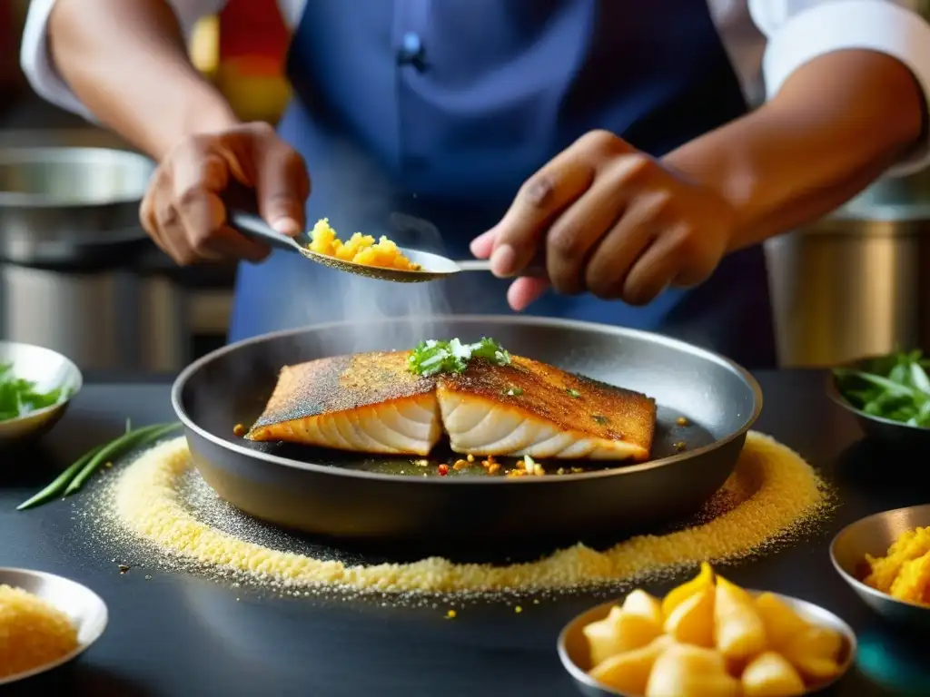 Un chef sudasiático experto fríe pescado con especias en una sartén, en una cocina colorida