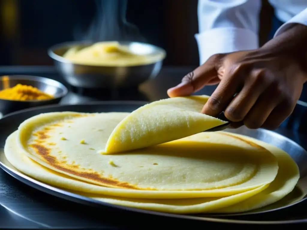 Un chef del sur de la India vierte con destreza la masa de dosa en una plancha caliente, mostrando la tradición culinaria de 'Orígenes idli dosa sur India'